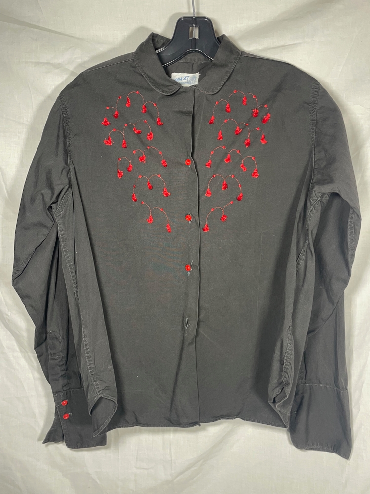 60s Vintage Black Shirt with Red Flower Print